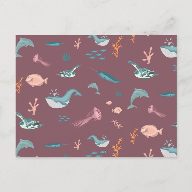 Cartes Pour Fêtes Annuelles Aquarelle Océan Sea Animaux Motif rose pâle (Devant)