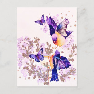Cartes Pour Fêtes Annuelles Aquarelle Oiseaux Floral Paillettes Violettes