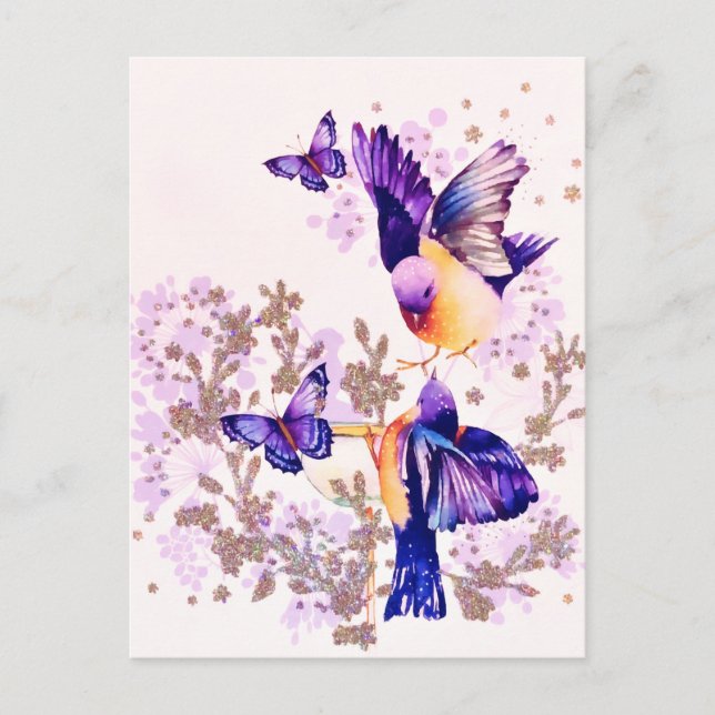 Cartes Pour Fêtes Annuelles Aquarelle Oiseaux Floral Parties scintillant pourp (Devant)