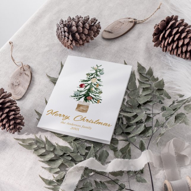 Cartes Pour Fêtes Annuelles Aquarelle Or Ornements Arbre Joyeux Noël (Créateur téléchargé)