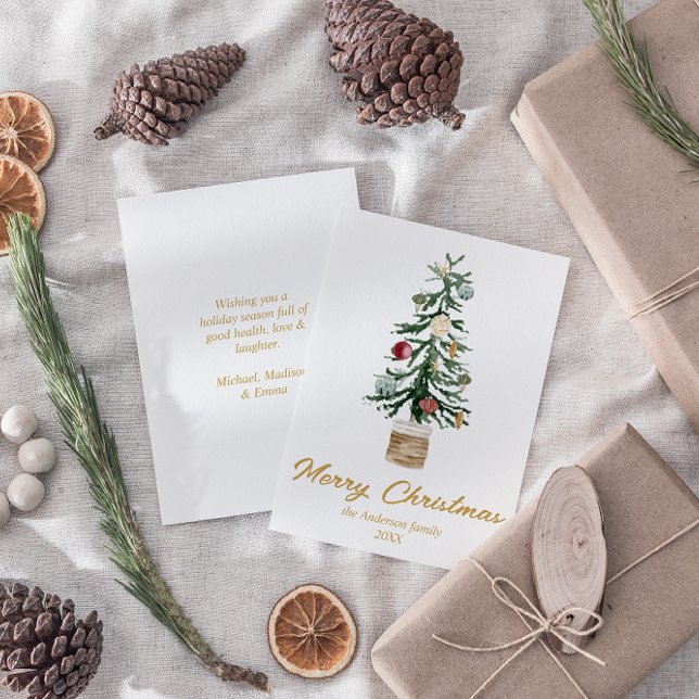 Cartes Pour Fêtes Annuelles Aquarelle Or Ornements Arbre Joyeux Noël (Créateur téléchargé)