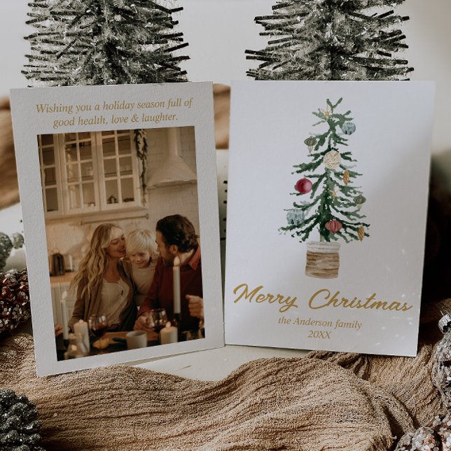 Cartes Pour Fêtes Annuelles Aquarelle Or Ornements Arbre Photo Noël (Créateur téléchargé)