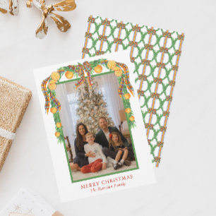 Cartes Pour Fêtes Annuelles Aquarelle Oranges Bow Garland Photo Noël