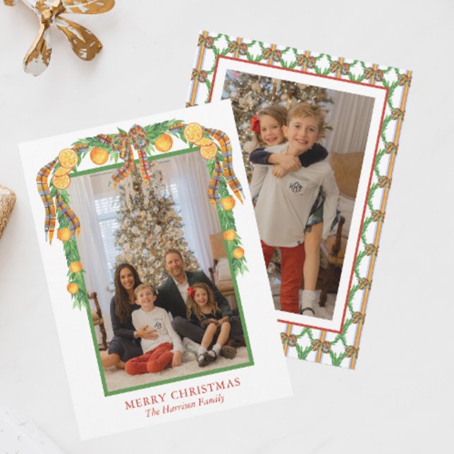 Cartes Pour Fêtes Annuelles Aquarelle Oranges Bow Garland Photo Noël (Créateur téléchargé)