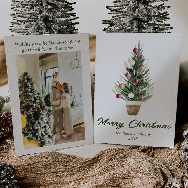 Cartes Pour Fêtes Annuelles Aquarelle Ornements Arbre Photo Joyeux Noël (Créateur téléchargé)