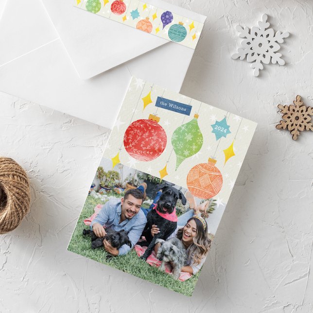 Cartes Pour Fêtes Annuelles Aquarelle Ornements Noël Vacances Deux photos (Colorful and bright watercolor Christmas tree ornaments holiday photo card)