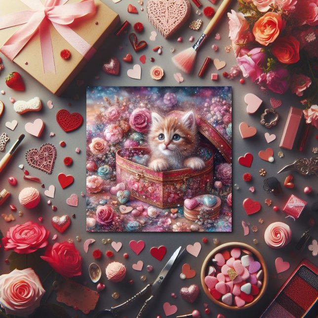 Cartes Pour Fêtes Annuelles Aquarelle Pastel Kitten Heart Candy Valentine (Créateur téléchargé)
