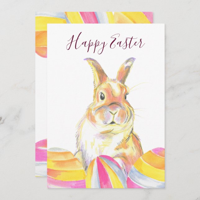 Cartes Pour Fêtes Annuelles Aquarelle Pastel Rainbow Lapin de Pâques Lapin (Devant / Derrière)