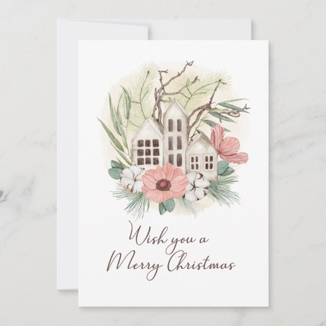 Cartes Pour Fêtes Annuelles Aquarelle Pastel rose Brown vert Joyeux Noël (Devant)