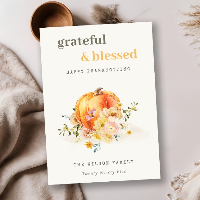 Cartes Pour Fêtes Annuelles Aquarelle Pastel Soft Floral Citrouille Thanksgivi (Créateur téléchargé)