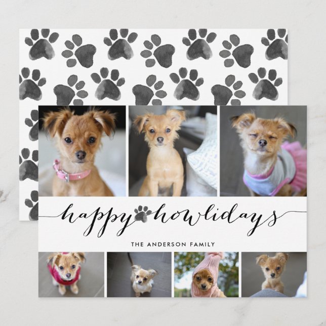 Cartes Pour Fêtes Annuelles Aquarelle Paw Happy Howlidays 7 Photo Pet (Devant / Derrière)