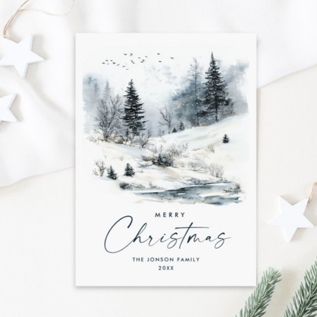 Cartes Pour Fêtes Annuelles Aquarelle Pays d'hiver Paysage Noël (Créateur téléchargé)