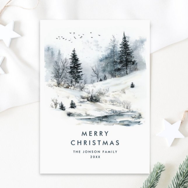 Cartes Pour Fêtes Annuelles Aquarelle Pays d'hiver Paysage Noël (Créateur téléchargé)