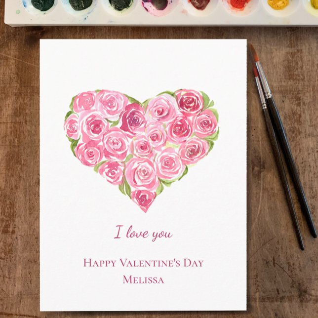 Cartes Pour Fêtes Annuelles Aquarelle peinte à la main Roses Journée des Valen (Personalize this unique hand painted watercolor pink roses heart Valentine’s Day card. Customize.
)