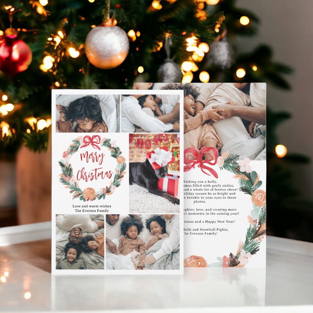 Cartes Pour Fêtes Annuelles Aquarelle peinte à la main Wreath Noël 6 Photos (Hand Painted Watercolor Wreath Christmas 6 Photos Holiday Card)