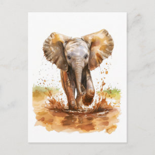 Cartes Pour Fêtes Annuelles Aquarelle peinte d'éléphant de bébé éclaboussant l