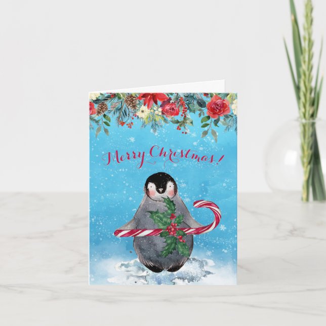 Cartes Pour Fêtes Annuelles Aquarelle Penguin Joyeux Noël (Devant)