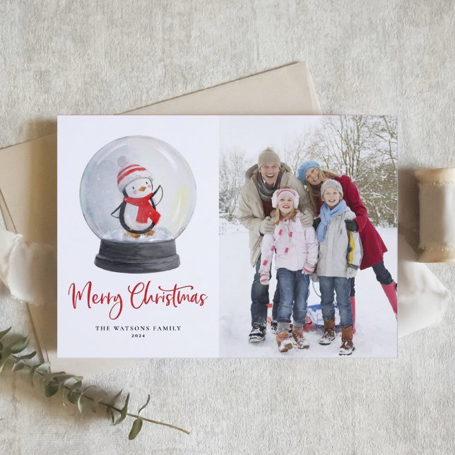 Cartes Pour Fêtes Annuelles Aquarelle Penguin Snow Globe Joyeux Noël (Créateur téléchargé)
