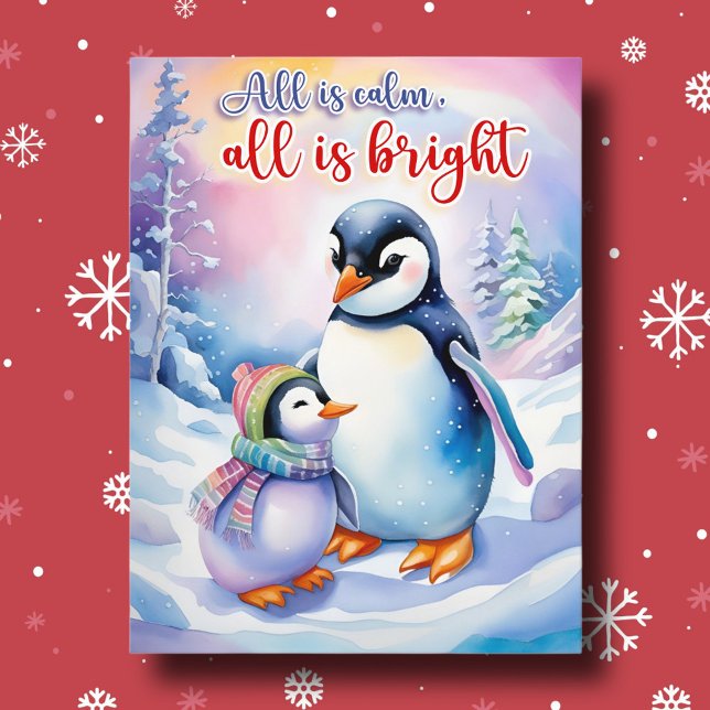 Cartes Pour Fêtes Annuelles Aquarelle Penguins Tout Est Calme Tout Est Lumineu (Créateur téléchargé)