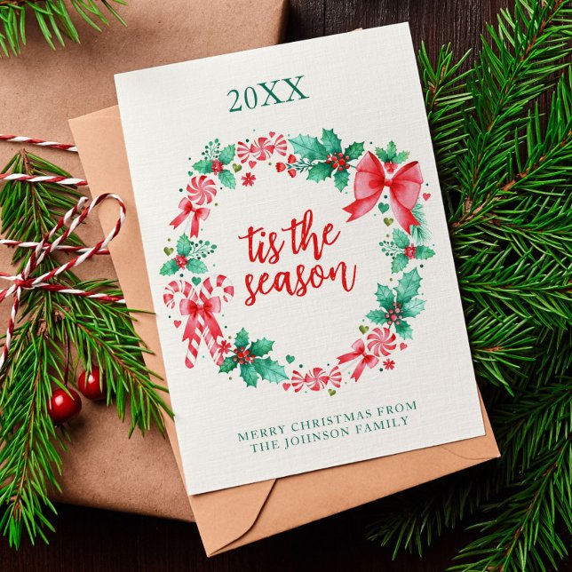 Cartes Pour Fêtes Annuelles Aquarelle Peppermenthe Sucre de canne de Noël Wrea (Watercolor Peppermint Candy Cane Christmas Wreath Holiday Card)