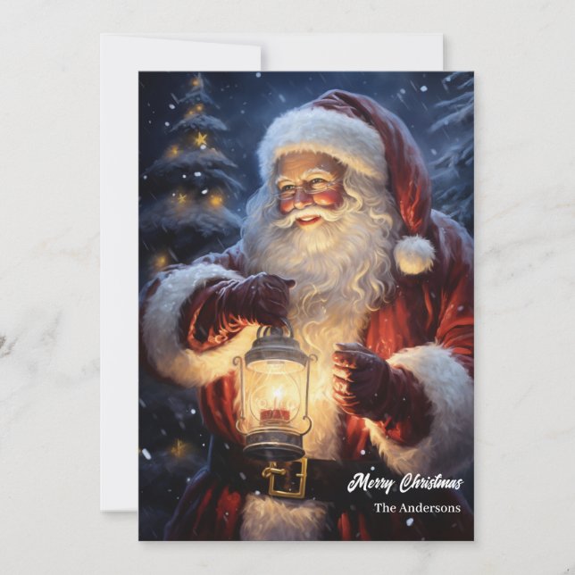 Cartes Pour Fêtes Annuelles Aquarelle Père Noël avec lanterne de Noël (Devant)