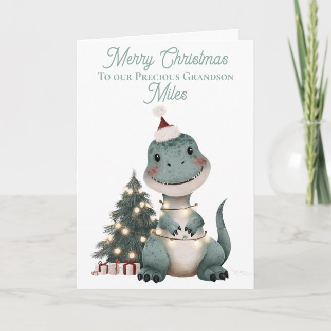 Cartes Pour Fêtes Annuelles Aquarelle personnalisée Cute Dinosaure de Noël (Devant)