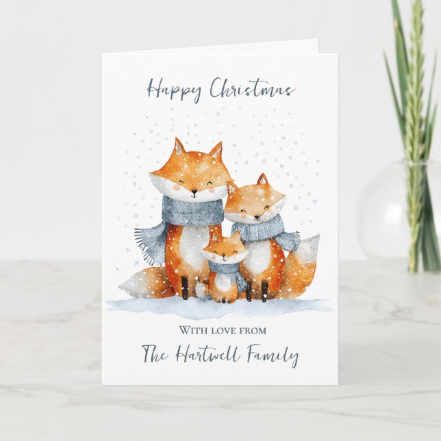 Cartes Pour Fêtes Annuelles Aquarelle personnalisée Fox famille Noël (Devant)