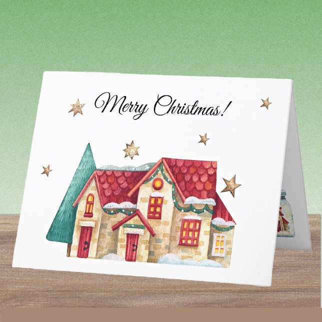 Cartes Pour Fêtes Annuelles Aquarelle personnalisée Maison d'hiver Joyeux Noël (Créateur téléchargé)