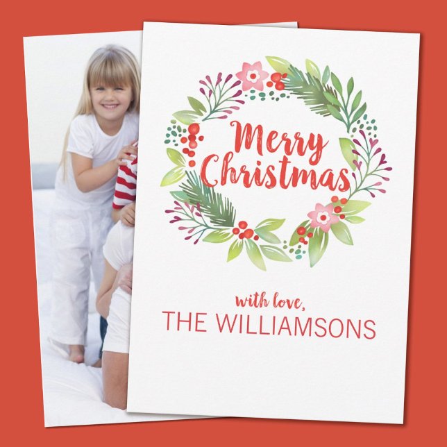 Cartes Pour Fêtes Annuelles Aquarelle personnalisée - photo de la couronne de  (A pretty watercolor floral Christmas wreath decorates this holiday photo card. )