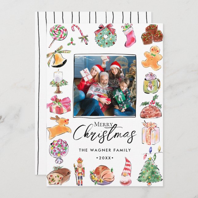 Cartes Pour Fêtes Annuelles Aquarelle photo de Noël (Devant / Derrière)