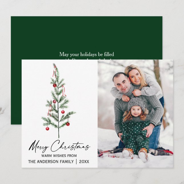Cartes Pour Fêtes Annuelles Aquarelle Pine Arbre Calligraphie Encre Photo Vert (Devant / Derrière)