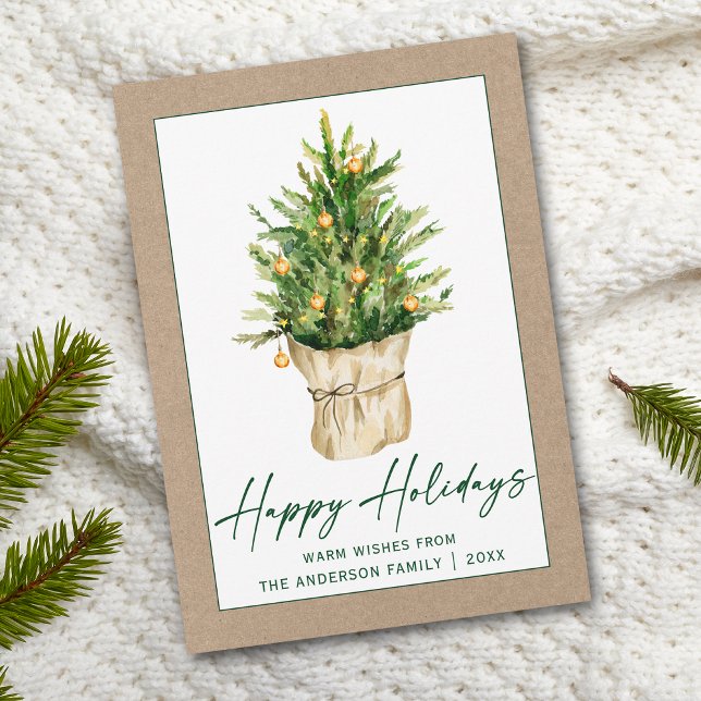 Cartes Pour Fêtes Annuelles Aquarelle Pine Arbre Calligraphie Encre Script Kra (Customize to add text to back of card.)