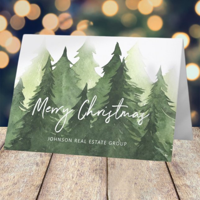 Cartes Pour Fêtes Annuelles Aquarelle Pine Arbres Business Joyeux Noël (Créateur téléchargé)
