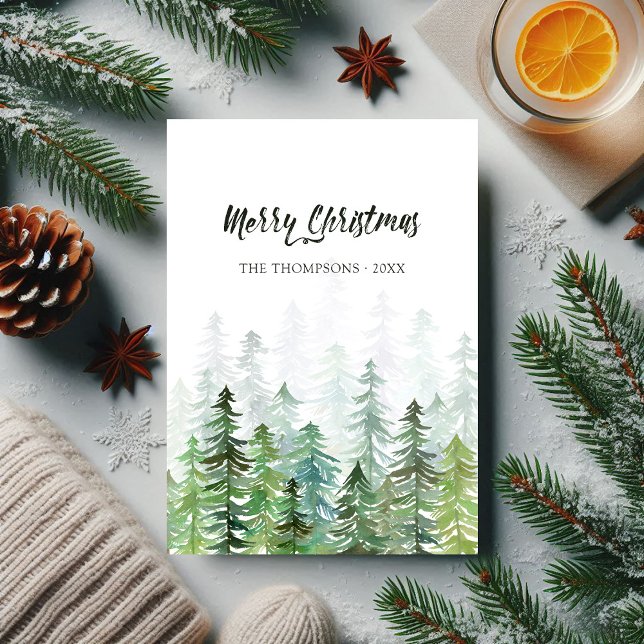 Cartes Pour Fêtes Annuelles Aquarelle Pine Arbres de Noël Photo (Watercolor Pine Trees Christmas Photo Holiday Card)