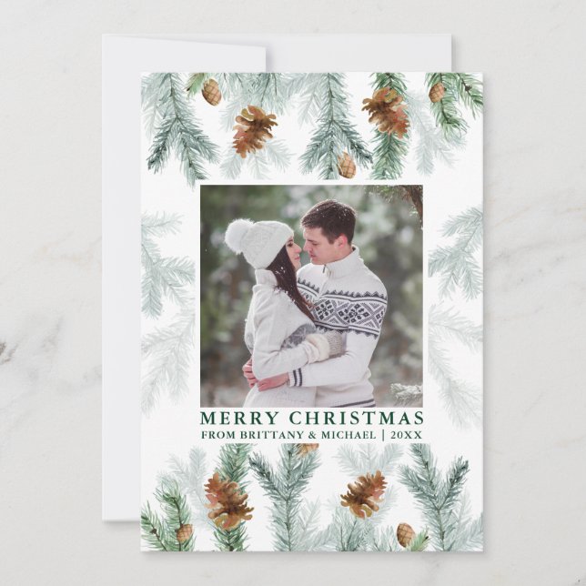 Cartes Pour Fêtes Annuelles Aquarelle Pine Cône Vert Couple Photo Vert (Devant)