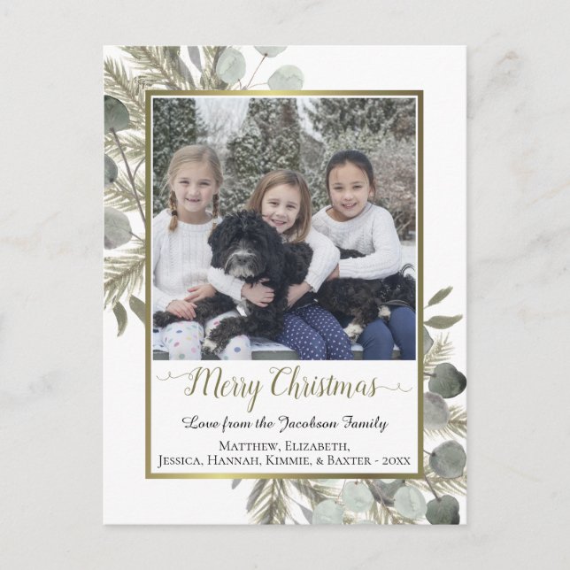 Cartes Pour Fêtes Annuelles Aquarelle Pine & Eucalyptus Joyeux Noël Photo (Devant)