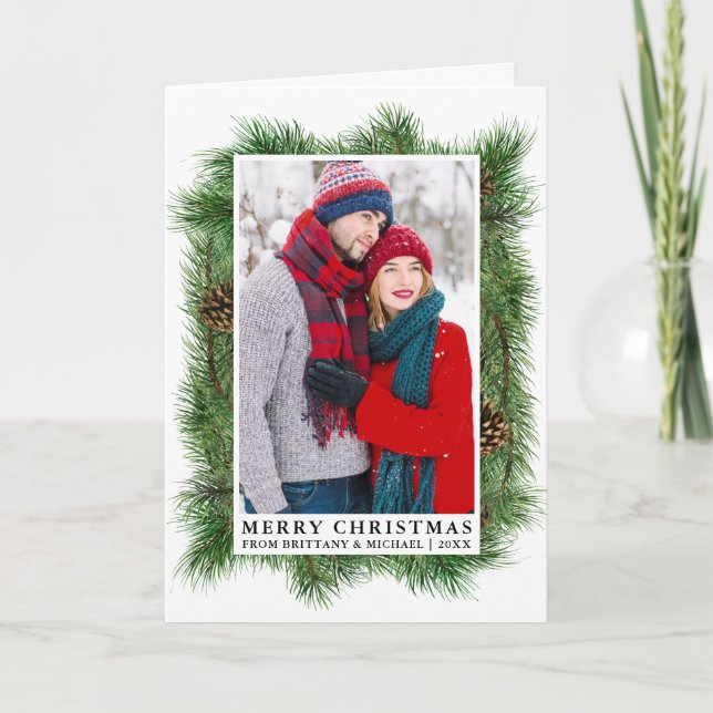 Cartes Pour Fêtes Annuelles Aquarelle Pine Frame Couple Photo Plier (Devant)