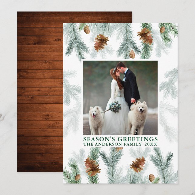 Cartes Pour Fêtes Annuelles Aquarelle Pine Verdure Bonnes Fêtes en bois (Devant / Derrière)