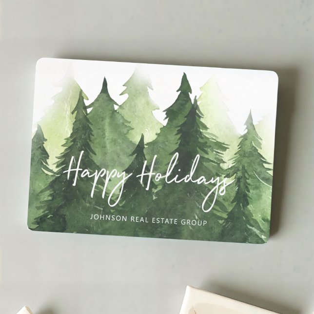 Cartes Pour Fêtes Annuelles Aquarelle Pine verte arbres Business Happy (Créateur téléchargé)