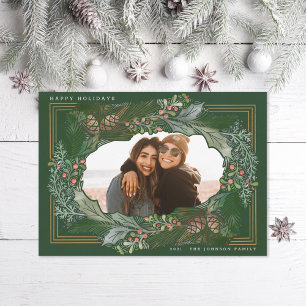 Cartes Pour Fêtes Annuelles Aquarelle Pinecone Green Frame photo de vacances