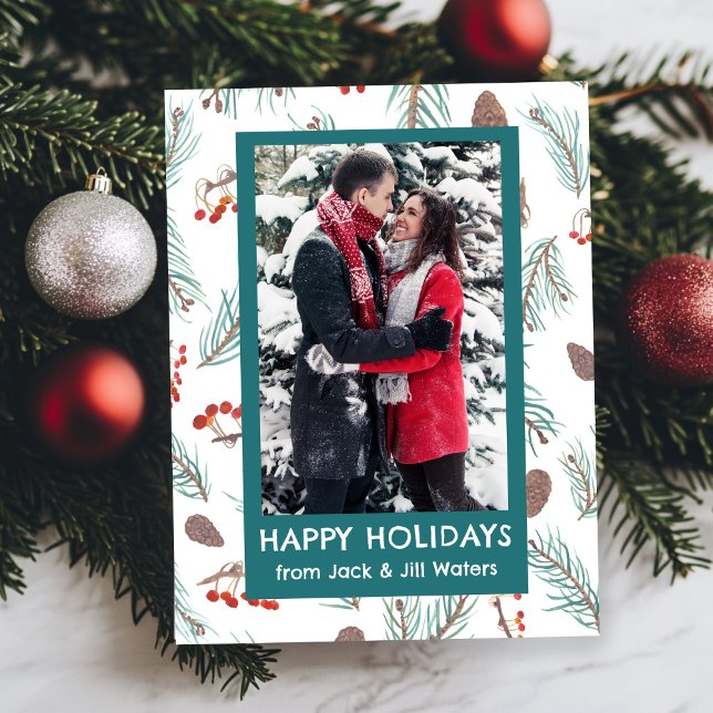 Cartes Pour Fêtes Annuelles Aquarelle Pinecones Berries PHOTO PERSONNALISÉE (Watercolor Pinecones Berries CUSTOM PHOTO Holiday Christmas Postcard
)