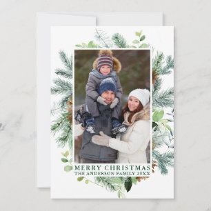 Cartes Pour Fêtes Annuelles Aquarelle Pines Cadre Joyeux Noël Vert