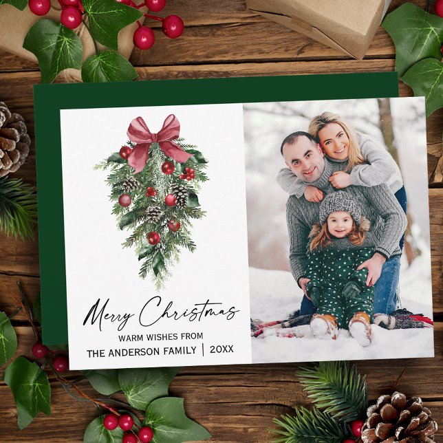 Cartes Pour Fêtes Annuelles Aquarelle Pines Calligraphie Encre Noël Photo (Customize to change your personalized text size, style or change color of back of card.)