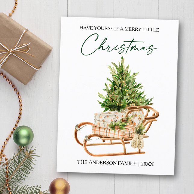 Cartes Pour Fêtes Annuelles Aquarelle Pines Sleigh Calligraphie Encre Vacances (Customize to change your personalized text size or text style)