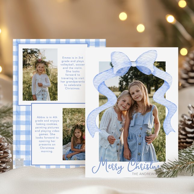 Cartes Pour Fêtes Annuelles Aquarelle Pink Bow Ribbon Sash Noël Photo (Créateur téléchargé)