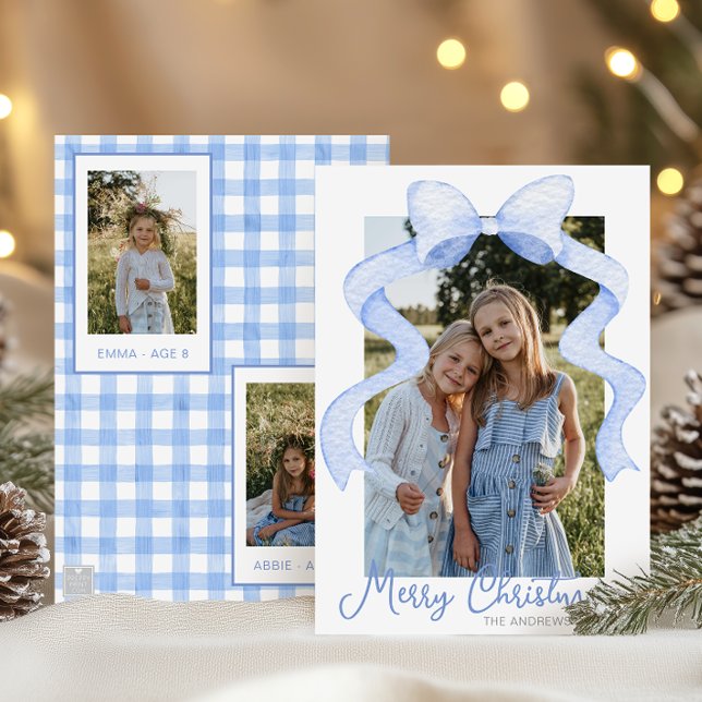 Cartes Pour Fêtes Annuelles Aquarelle Pink Bow Ribbon Sash Noël Photo (Créateur téléchargé)