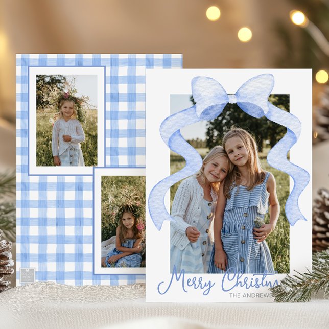 Cartes Pour Fêtes Annuelles Aquarelle Pink Bow Ribbon Sash Noël Photo (Créateur téléchargé)