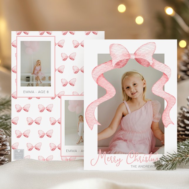 Cartes Pour Fêtes Annuelles Aquarelle Pink Bow Ribbon Sash Noël Photo (Créateur téléchargé)