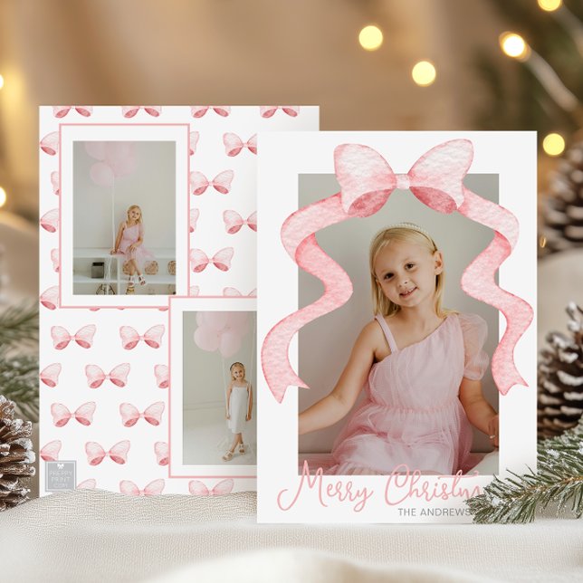 Cartes Pour Fêtes Annuelles Aquarelle Pink Bow Ribbon Sash Noël Photo (Créateur téléchargé)