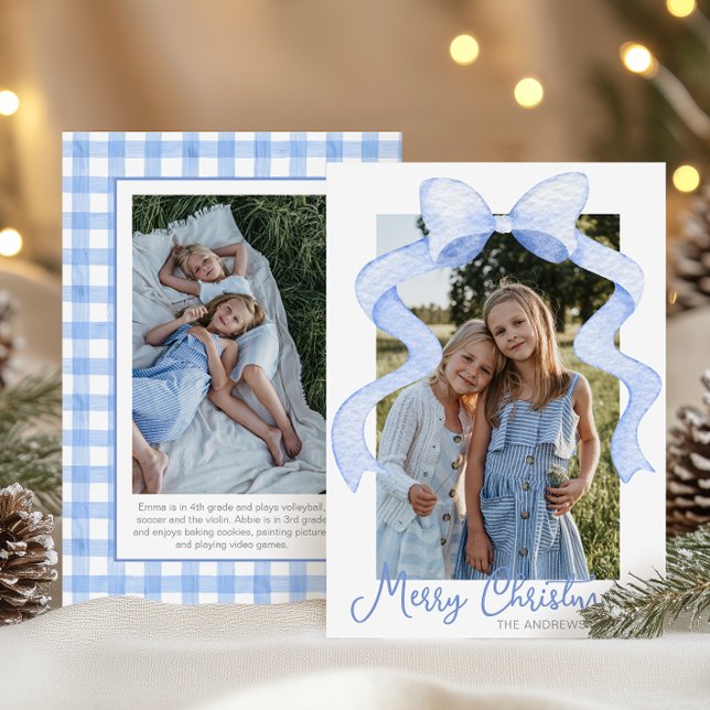 Cartes Pour Fêtes Annuelles Aquarelle Pink Bow Ribbon Sash Noël Photo (Créateur téléchargé)